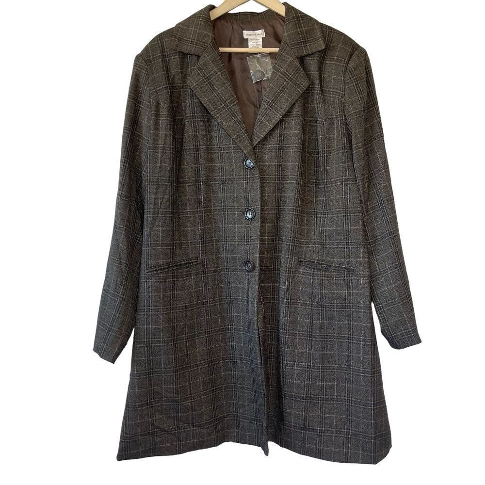 Monroe & Main Brown Tan Plaid Single Breasted Lightly Lined Long Jacket Sz 22W‎
